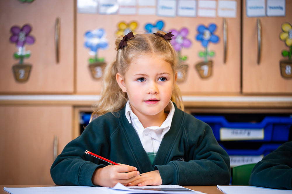 Pupil in a classroom at Brackenfield Prep School, Yorkshire 